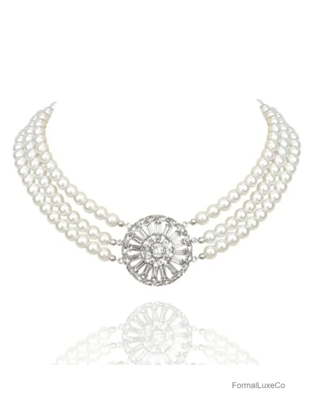 1920s Gatsby Pearl Choker Necklace Multi Strand Rhinestone Brooch Baroque